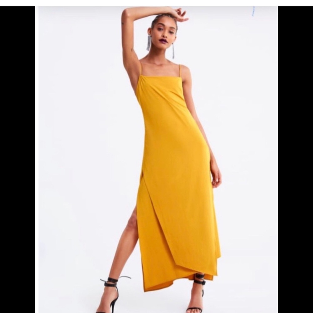 NWT Zara Mustard Yellow Asymmetrical Slip Dress L